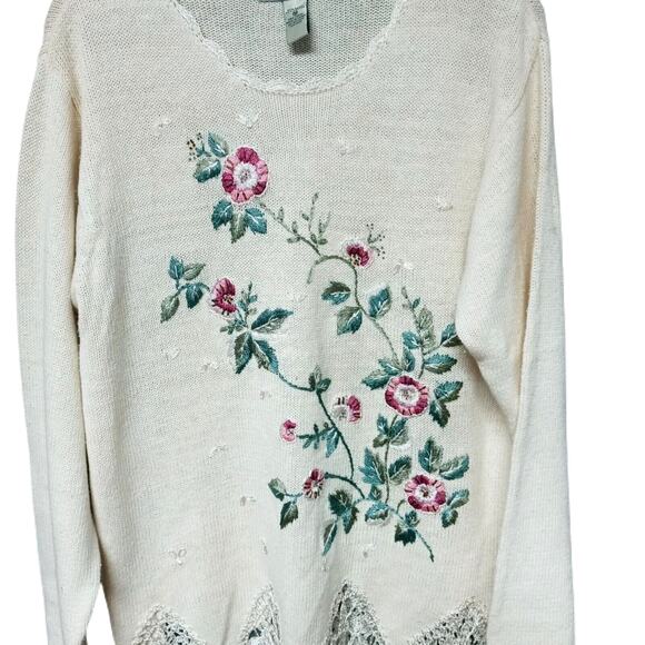 Seventh Avenue Womens Floral Embroidered Tunic Sweater Lace Trim Boho Small - Picture 1 of 12